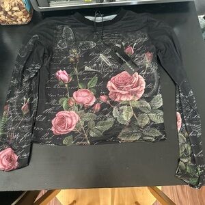 Dolls Kill Black and Pink Floral Long Sleeve Mesh Top